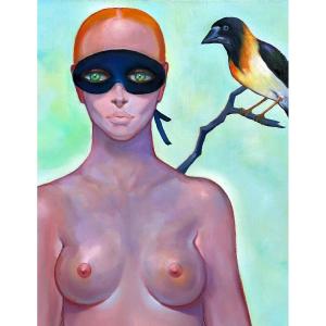 Sergio Brizio 1928-1997 Large Symbolist Oil Painting Of A Naked Woman And A Bird Of Paradise
