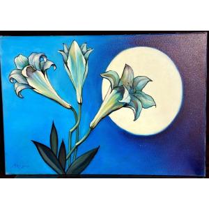 Sergio Brizio 1928-1997 Symbolist Oil Lily And Moon Lily Flower Purity