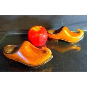 Rare Pair Of Carved Wooden Clogs Monoxyle Folk Art Clog Maker Clog X2