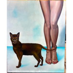 Sergio Brizio 1928-1997 Large Oil 100x81cm Woman And Cat Signed