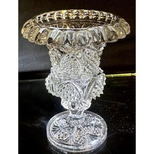 Small 19th Century Baccarat Style Crystal Vase Diamond Point Decor In Very Good Condition 