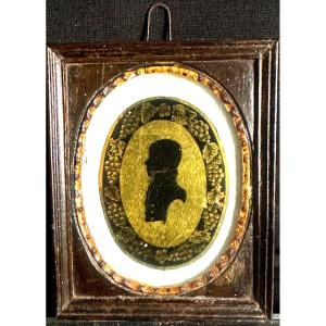 Rare Miniature In Eglomisé Glass Silhouette Of A Young Man Portrait Directoire 19th Century