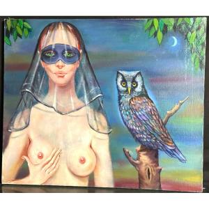 Sergio Brizio 1928-1997 Symbolist Oil Young Woman Masked With Owl The Guardian Of The Night