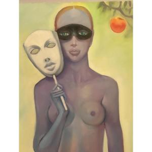Sergio Brizio 1928-1997 Symbolist Oil Young Nude And Masked Woman With Apple 