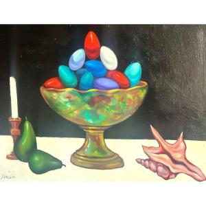 Sergio Brizio 1928-1997 Symbolist Oil Centerpiece Shell Eggs Candle And Pears 
