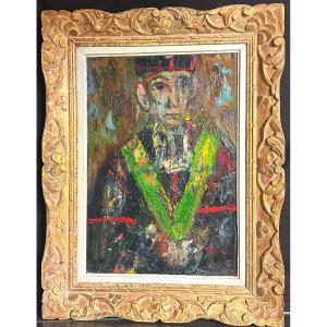 Large Oil Larry Rivers 1923-2002 Dlg Man Bust With Green Scarf 