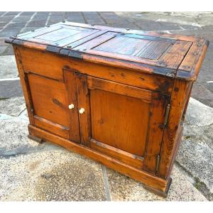 Charming Old Small 19th Century Icebox Cabinet In Patinated Wood And Ivory Handles Professional Furniture