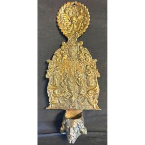 Antique 19th Century Bronze Holy Water Font Head Of Christ And Nativity Scene 30.6cm In Very Good Condition