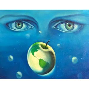 Sergio Brizio 1928-1997 Symbolist Oil Looking At The Stars Apple Signed