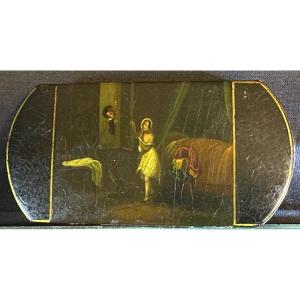 Antique 19th Century Snuffbox Cigar Case Galante Scene Smoking Kit Boiled Cardboard