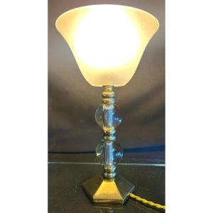 Art Deco Lamp Dlg Jacques Adnet Bronze And Glass In Very Good Condition