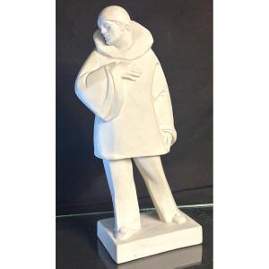 Eugene Riboulet 1883-1972 Sculpture Clown Pagliaccio Canio 1930 Porcelain Bench Circus