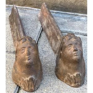 Pair Of Cast Iron Fireplace Andirons With Female Faces, 18th Century