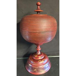 Burma Antique Large Burmese Temple Offering Box Red And Gold Lacquered Wood Crane Stupa