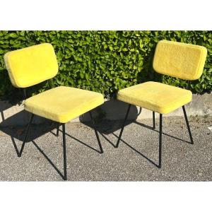 Paul Geoffroy Pair Of 1957 Airborne C57 Seats In Very Good Condition Straw Yellow Wool Fabric 