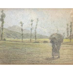 Enrico Edoardo Intraina 1870-1945 Italy Watercolor Haymaking Signed /1