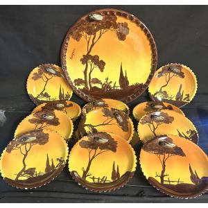 Jérôme Massier Vallauris 12 Piece Dessert Set Signed With Cicada And Avignon Pines