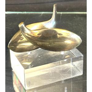 Monique Gerber Polished Bronze Sculpture Fish 1970 Signed Plexi Altuglas Base