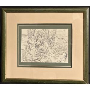 Jules Flandrin 1871-1947 Signed Drawing Couples And Children In A Landscape Grenoble Dauphiné