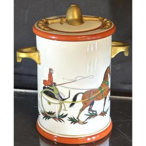 Dunhill Covered Pot Horse Riding Theme Polychrome Porcelain And Gold Signed And Very Good Condition