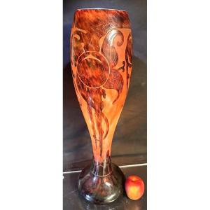 French Glass Monumental Vase 59cm Plums Double Signature 1920 Schneider Referenced