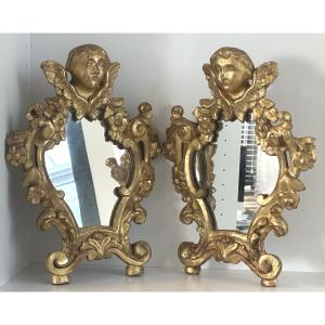Rare Pair Of 19th Century Gilded Wooden Angel Mirrors With Cherubs