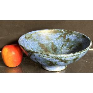 Jacques Blin Large Blue Ceramic Hollow Bowl Signed In Very Good Condition Deer