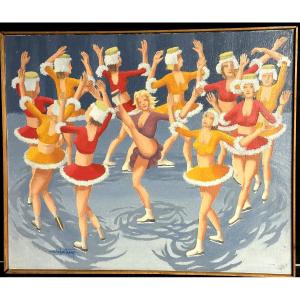 Marc Batime 1907-2000 Lyon Oil Skaters Signed Figure Ice Skate Skating