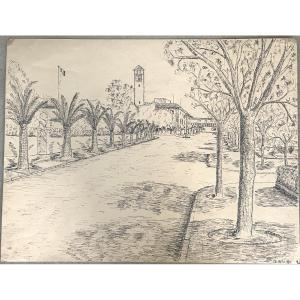Charles De Ziegler 1890-1962 Switzerland Orientalist Ink Morocco 1937 Urban Landscape Signed