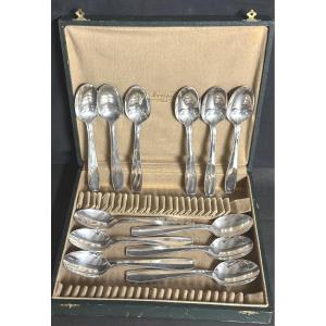 Christofle Model Atlas By Luc Lanel 12 Art Deco Dessert Spoons For Normandy /6