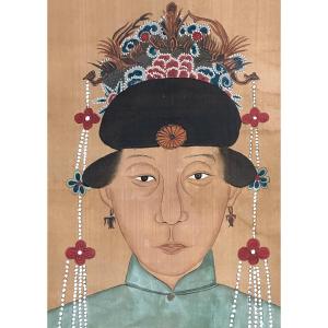 China 19th Century Portrait Of A Dignitary Chinese Empress Gouache On Fabric /2
