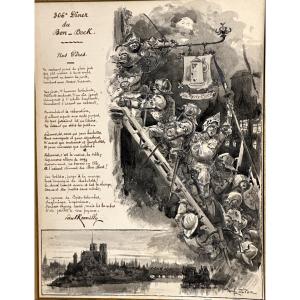 Albert Robida Watercolor 306th Dinner Au Bon Bock Paris + Poem By Paul Romilly Rare Montmartre 