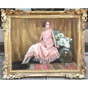Camille Nicolas Lambert 1874-1963 Large Oil 1932 Young Elegant Woman With A Spray Of Belgian Roses