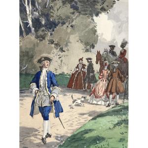 Auguste Leroux 1871-1954 Romantic Watercolor Elegant People In A Park In Italy /3