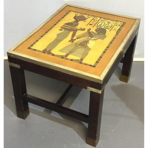 Coffee Table 1950 Egyptian Art Decor In Wood And Brass Hathor Goddess Of Love And Marriage 