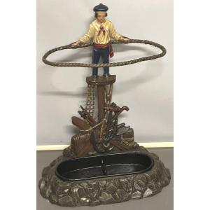 Rare 19th Century Marin Umbrella Stand In Polychrome Cast Iron Model With Marine Sailor And Canes 