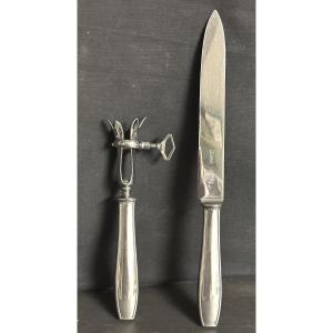 Christofle Atlas Model By Luc Lanel Carving Service: Art Deco 8 Leg Of Lamb Knife And Handle