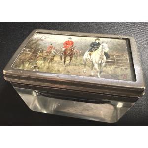 Painted Glass Box Signed Chasse à Courre Riders In The Forest And Dog