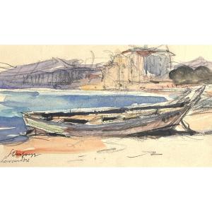 Georges Dargouge 1897-1990 Watercolor Le Lavandou Var Boat /2