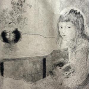 Gaston Latouche 1854-1913 Saint Cloud Young Girl With Cat Drypoint On Japanese Paper 