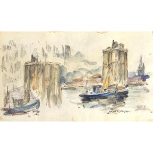 Georges Dargouge 1897-1990 Watercolor Double Sided La Rochelle Boats Charente Maritime /3