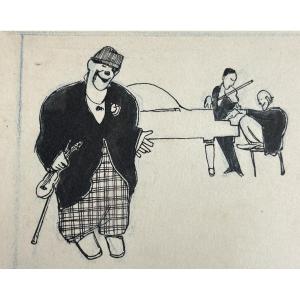 Jimmy Savin 20th Century Clown Musician Grock Indian Ink And Pastel Highlights Circus 