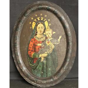 Virgin And Child 19th Century On Curved Metal Religious Polychrome Lithograph Napoleon III