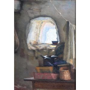 Charles Perron 1893-1958 Nantes Oil Breton Interior + Study On The Back