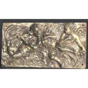 19th Century Bronze Bas-relief By Clodion, 3 Putti Angels, 19x37cm