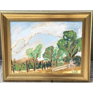 Henriette Groll 1906-1996 Oil Landscape With Fountain Signed Sassenage Grenoble