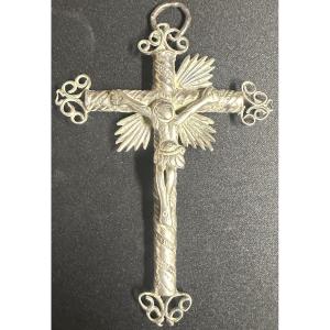 Antique Large Pectoral Cross In Unmarked Silver Crucifix 18th / 19th Century