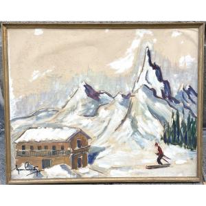 Large Signed Oil (?) Skier In The Mountains 65x81cm Alps Snow