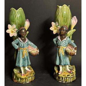 Onnaing Pair Of 19th Century Vases Black Servants In Very Good Condition 29cm Tulip Pots 