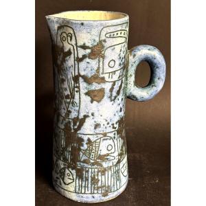 Jacques Blin 1920-1995 Large Blue Ceramic Pitcher Fish Signed.